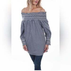 XL Kaktus Black/White 100% Cotton Gingham off-shoulder long Sleeve Tunic